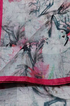 Off White Digital Printed Linen Floral Design Saree - Luxurion World