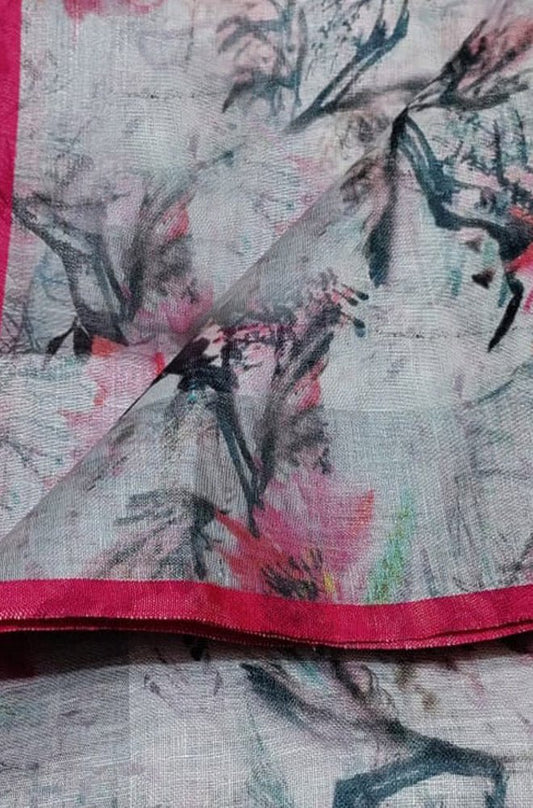 Off White Digital Printed Linen Floral Design Saree - Luxurion World