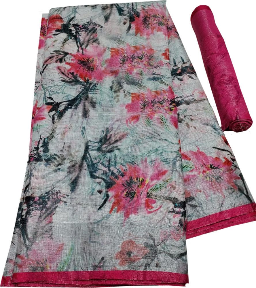Off White Digital Printed Linen Floral Design Saree - Luxurion World