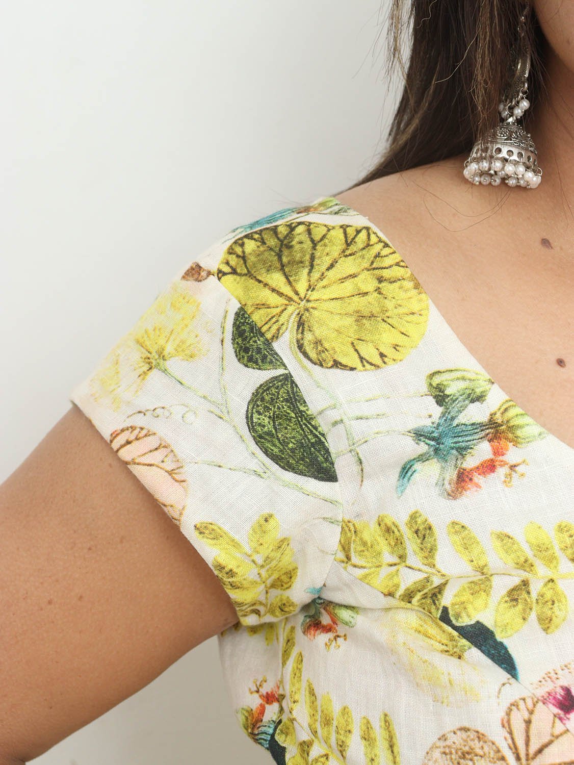 Off White Digital Printed Linen V Neck Blouse - Luxurion World