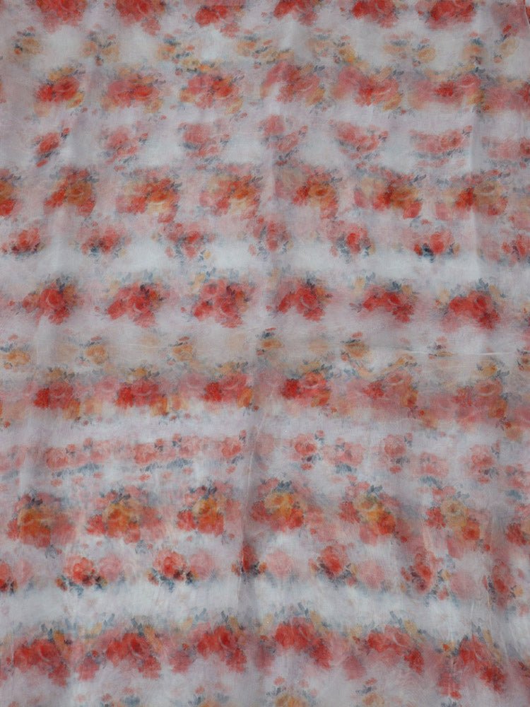 Off White Digital Printed Organza Silk Floral Design Fabric ( 1 Mtr ) - Luxurion World