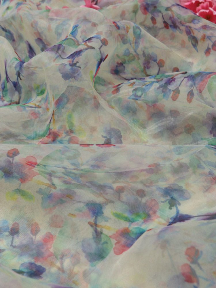 Off White Digital Printed Organza Silk Floral Design Fabric ( 1 Mtr ) - Luxurion World