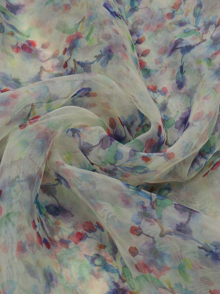 Off White Digital Printed Organza Silk Floral Design Fabric ( 1 Mtr ) - Luxurion World