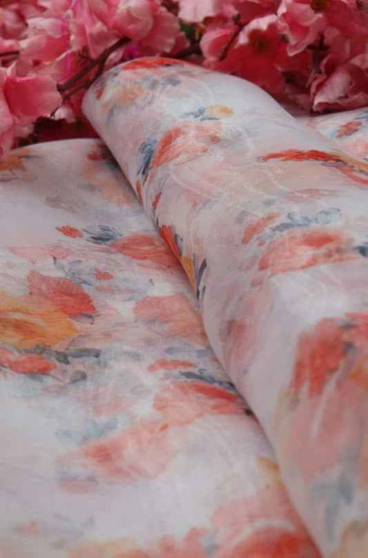 Off White Digital Printed Organza Silk Floral Design Fabric ( 1 Mtr ) - Luxurion World