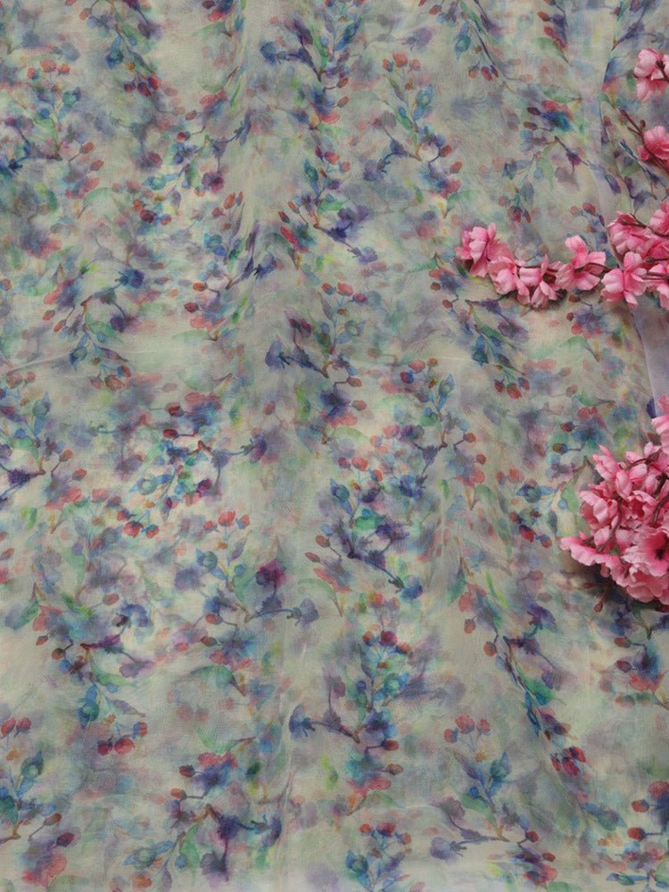 Off White Digital Printed Organza Silk Floral Design Fabric ( 1 Mtr ) - Luxurion World