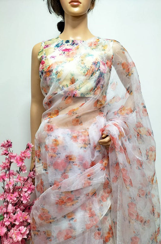 Off White Digital Printed Organza Silk Floral Design Saree - Luxurion World