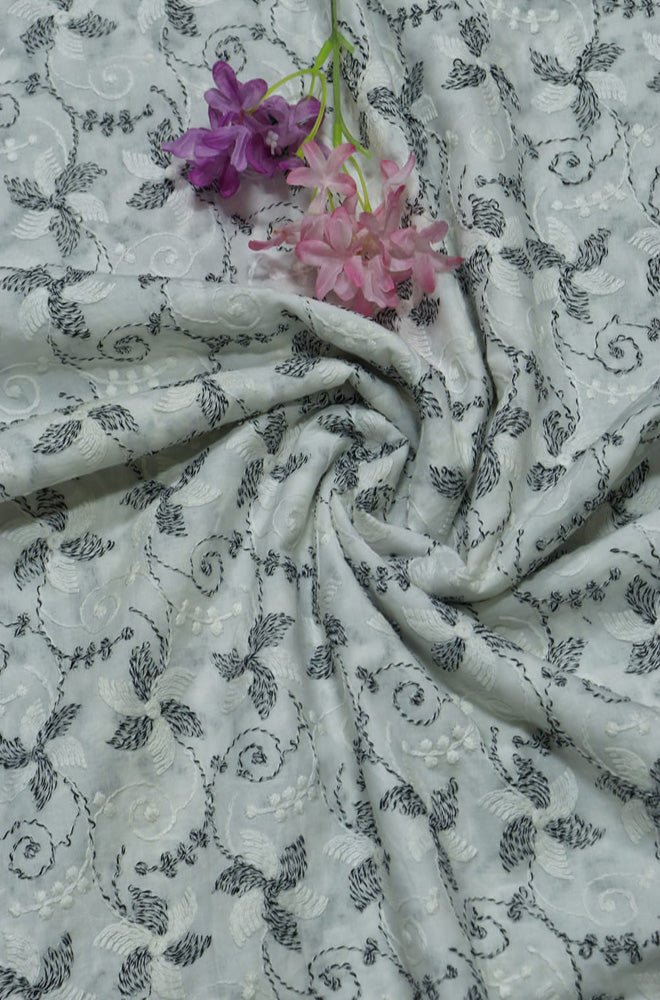 Off White Embroidered Chikankari Cotton Fabric (1 Mtr) - Luxurion World