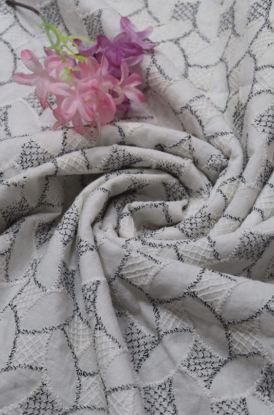 Off White Embroidered Chikankari Cotton Fabric (2.5 Mtr) - Luxurion World