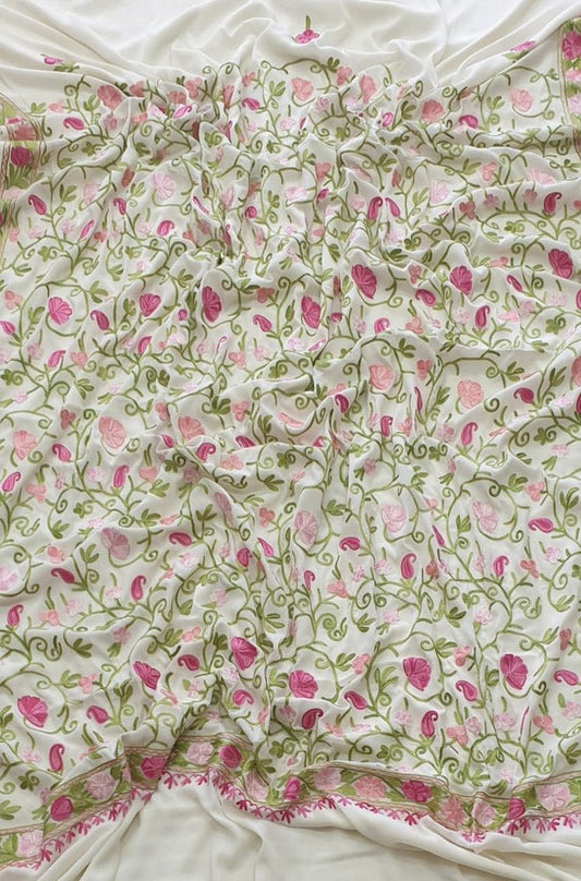 Off White Embroidered Kashmiri Aari Work Crepe Flower Design Saree - Luxurion World