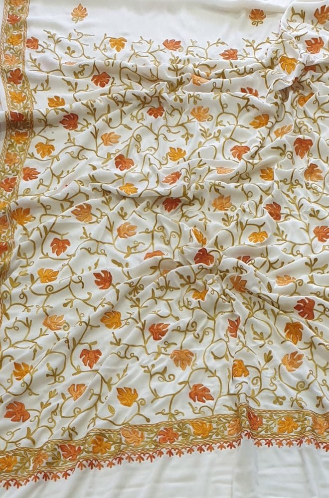 Off White Embroidered Kashmiri Aari Work Crepe Flower Design Saree