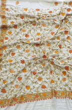 Off White Embroidered Kashmiri Aari Work Crepe Flower Design Saree - Luxurion World