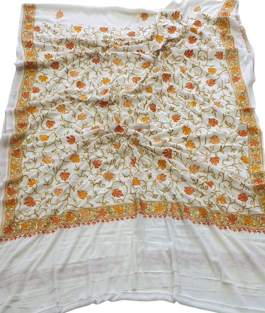 Off White Embroidered Kashmiri Aari Work Crepe Flower Design Saree - Luxurion World