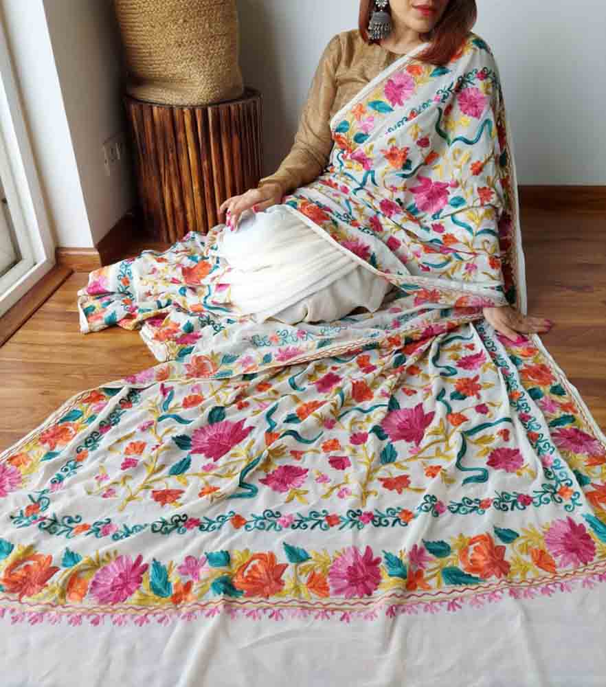 Off White Embroidered Kashmiri Aari Work Georgette Floral Design Saree - Luxurion World