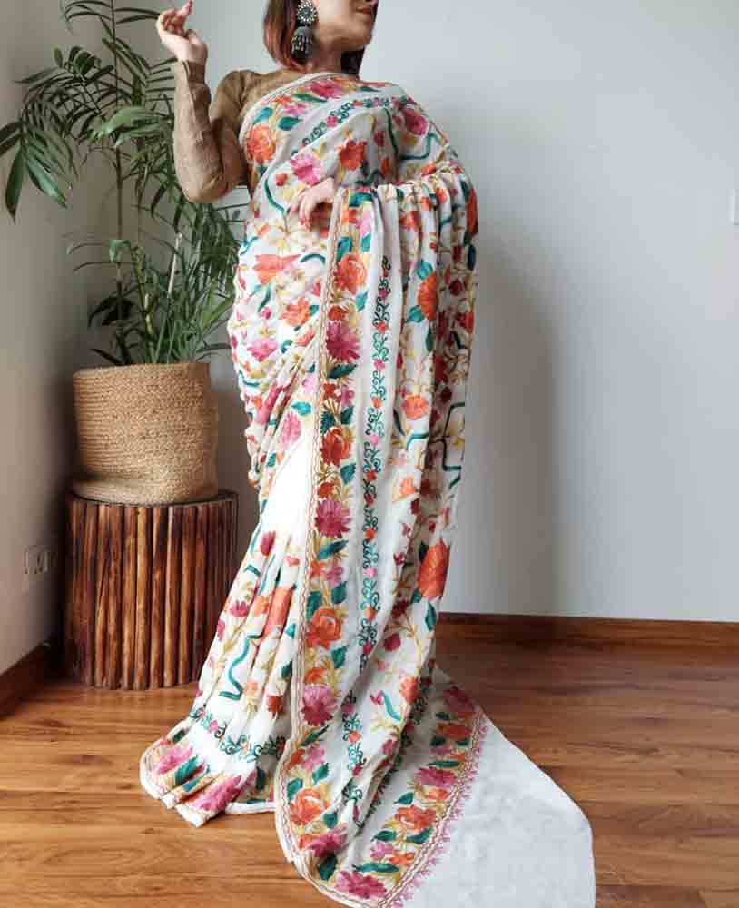 Off White Embroidered Kashmiri Aari Work Georgette Floral Design Saree - Luxurion World