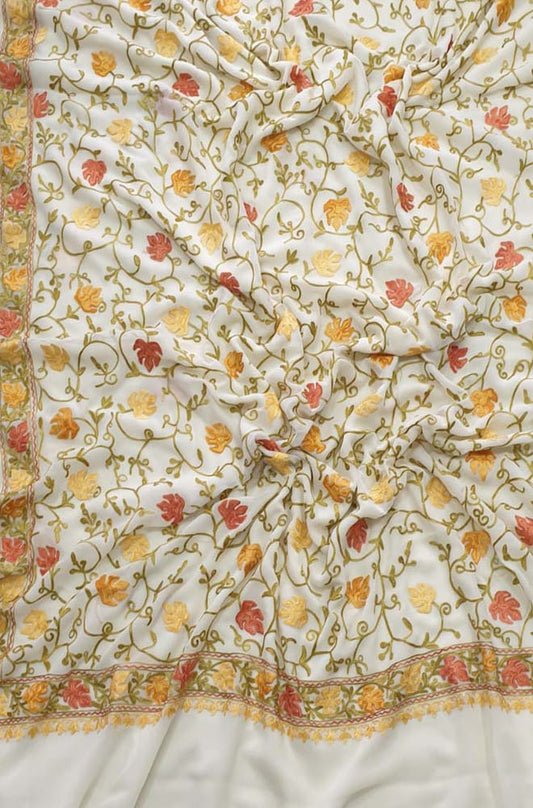 Off White Embroidered Kashmiri Aari Work Georgette Floral Design Saree - Luxurion World