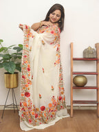 Off White Embroidered Kashmiri Aari Work Georgette Saree - Luxurion World