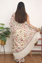 Off White Embroidered Kashmiri Aari Work Georgette Saree - Luxurion World