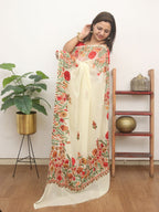 Off White Embroidered Kashmiri Aari Work Georgette Saree - Luxurion World