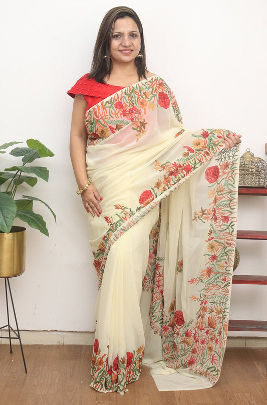 Off White Embroidered Kashmiri Aari Work Georgette Saree - Luxurion World