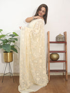 Off White Embroidered Kashmiri Aari Work Georgette Saree - Luxurion World