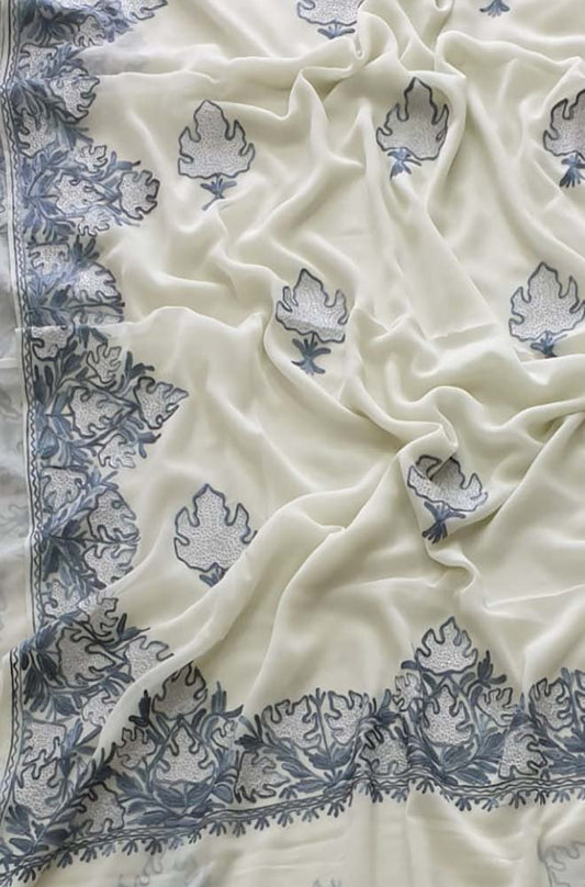 Off White Embroidered Kashmiri Aari Work Georgette Saree - Luxurion World