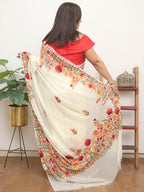 Off White Embroidered Kashmiri Aari Work Georgette Saree - Luxurion World