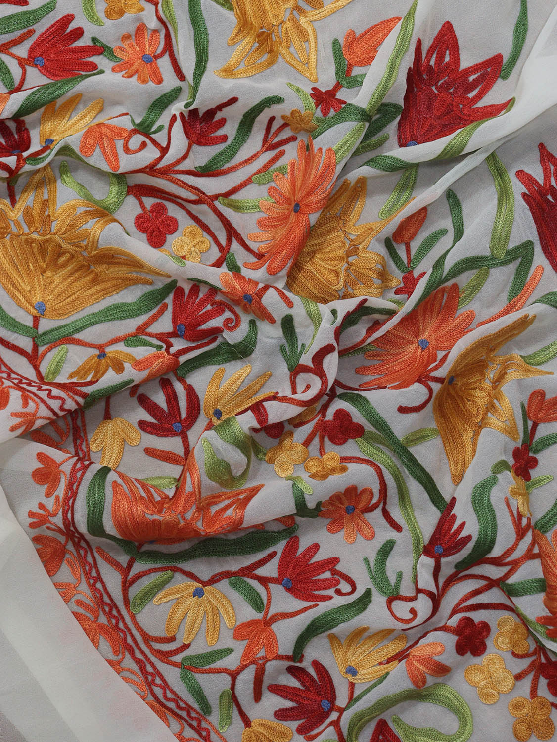 Off White Embroidered Kashmiri Aari Work Georgette Saree - Luxurion World