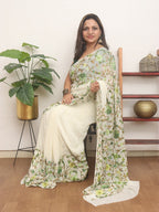 Off White Embroidered Kashmiri Aari Work Georgette Saree - Luxurion World
