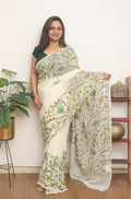 Off White Embroidered Kashmiri Aari Work Georgette Saree - Luxurion World