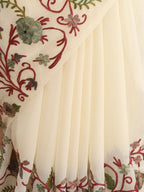 Off White Embroidered Kashmiri Aari Work Georgette Saree - Luxurion World