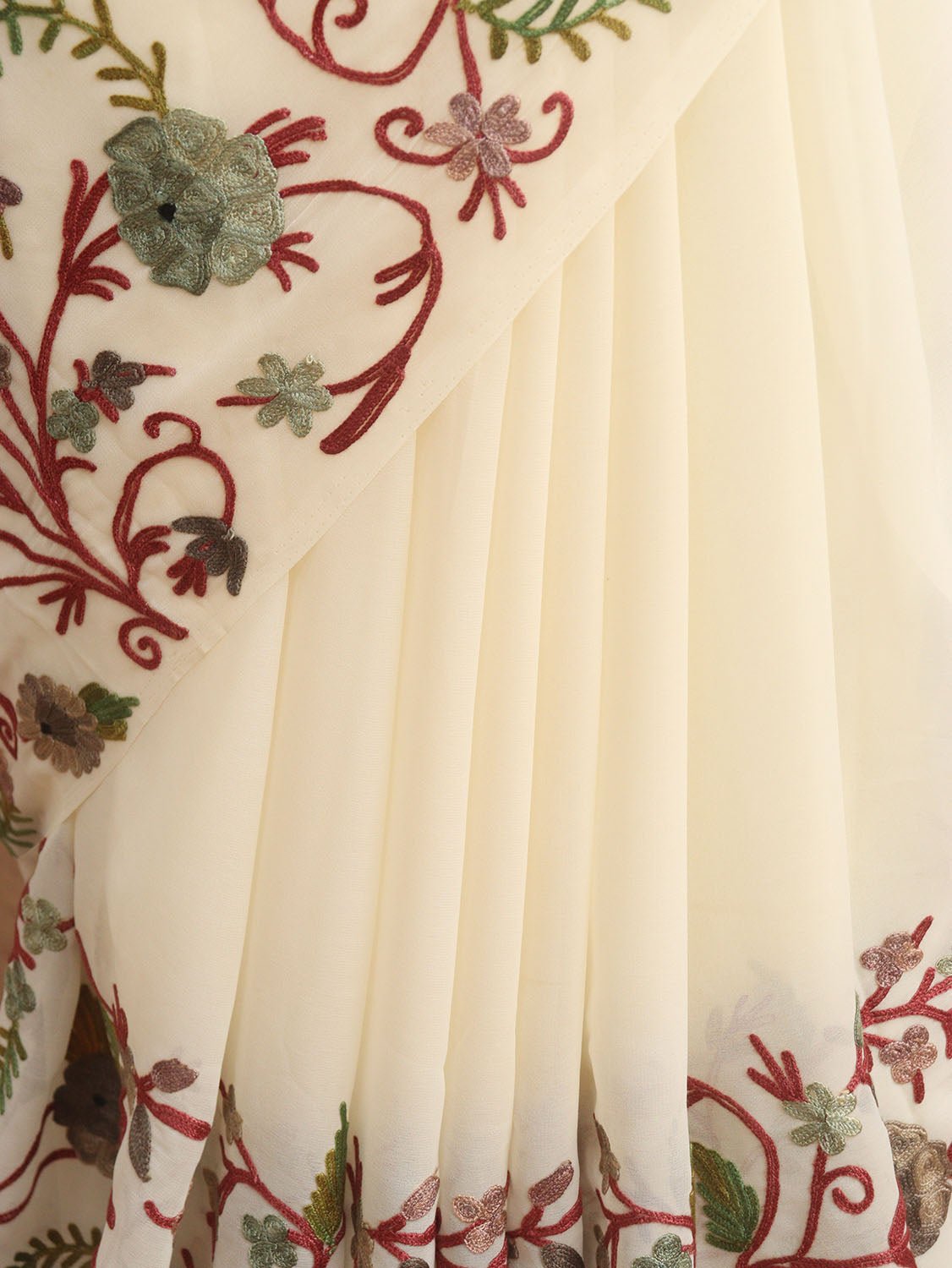 Off White Embroidered Kashmiri Aari Work Georgette Saree - Luxurion World