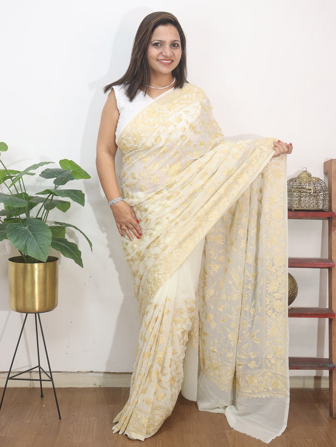 Off White Embroidered Kashmiri Aari Work Georgette Saree - Luxurion World