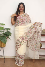 Off White Embroidered Kashmiri Aari Work Georgette Saree - Luxurion World