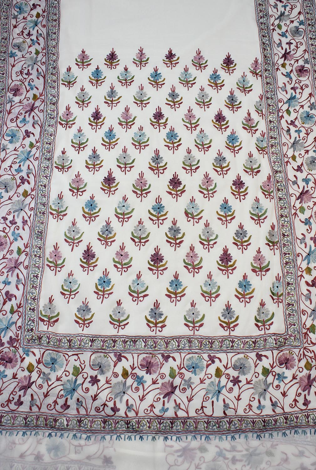Off White Embroidered Kashmiri Aari Work Georgette Saree - Luxurion World