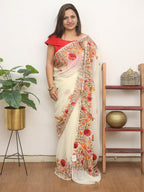 Off White Embroidered Kashmiri Aari Work Georgette Saree - Luxurion World