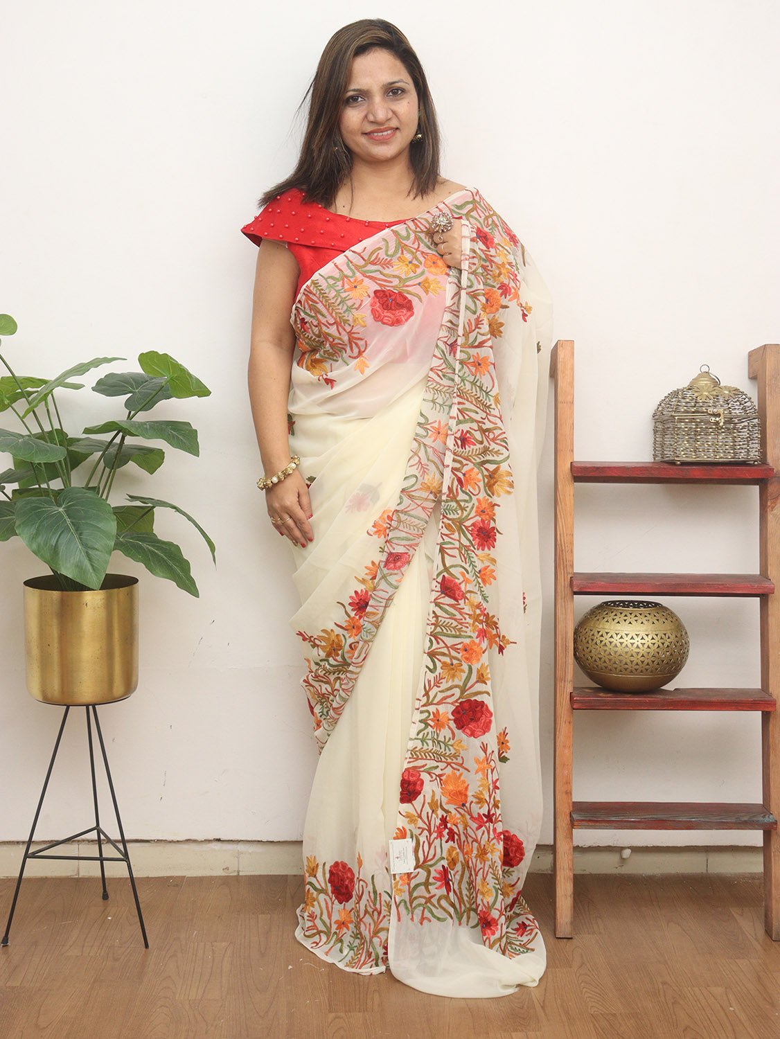 Off White Embroidered Kashmiri Aari Work Georgette Saree - Luxurion World