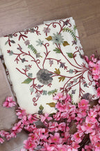 Off White Embroidered Kashmiri Aari Work Georgette Saree - Luxurion World