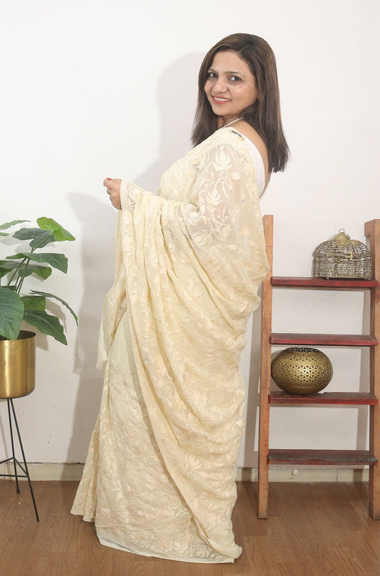Off White Embroidered Kashmiri Aari Work Georgette Saree - Luxurion World