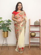 Off White Embroidered Kashmiri Aari Work Georgette Saree - Luxurion World