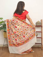 Off White Embroidered Kashmiri Aari Work Georgette Saree - Luxurion World
