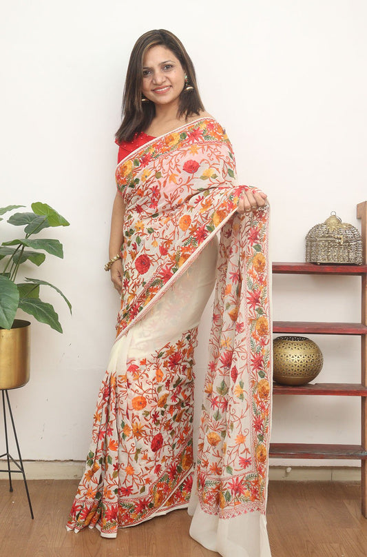 Off White Embroidered Kashmiri Aari Work Georgette Saree - Luxurion World