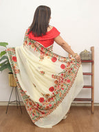 Off White Embroidered Kashmiri Aari Work Georgette Saree - Luxurion World
