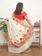 Off White Embroidered Kashmiri Aari Work Georgette Saree - Luxurion World
