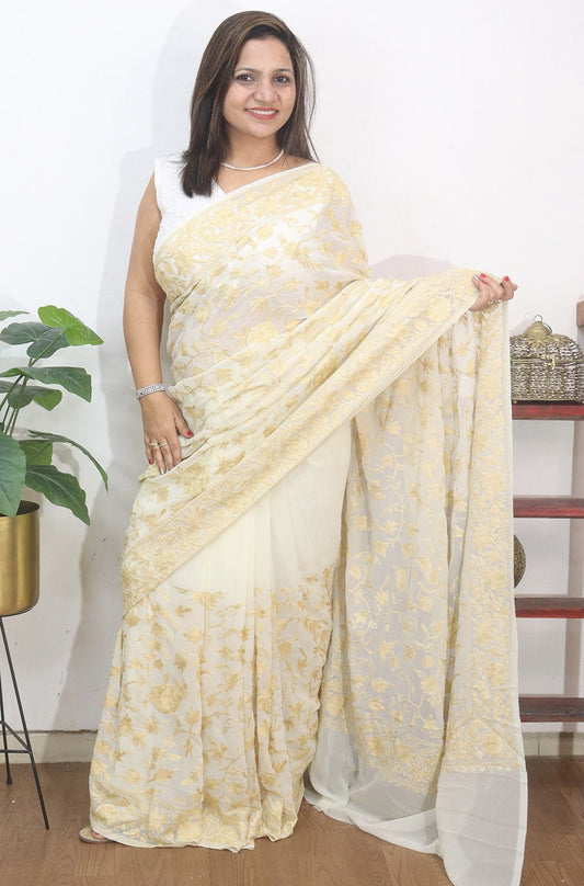 Off White Embroidered Kashmiri Aari Work Georgette Saree - Luxurion World