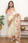 Off White Embroidered Kashmiri Aari Work Georgette Saree - Luxurion World