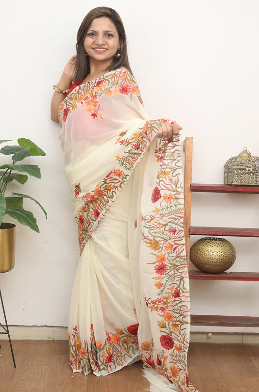 Off White Embroidered Kashmiri Aari Work Georgette Saree - Luxurion World