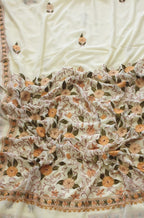 Off White Embroidered Kashmiri Aari Work Georgette Saree - Luxurion World