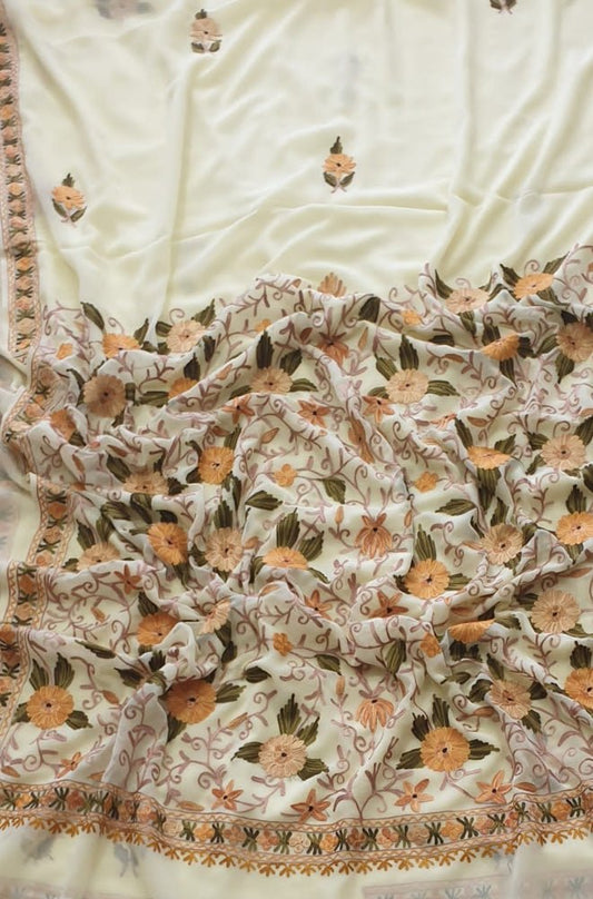 Off White Embroidered Kashmiri Aari Work Georgette Saree - Luxurion World