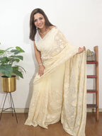 Off White Embroidered Kashmiri Aari Work Georgette Saree - Luxurion World