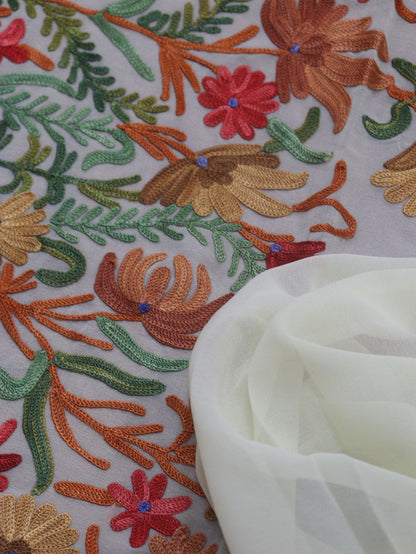 Off White Embroidered Kashmiri Aari Work Georgette Saree - Luxurion World